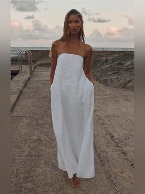 Dissh Karney Strapless 100% Linen Maxi Dress White Flowy Pockets Size 8